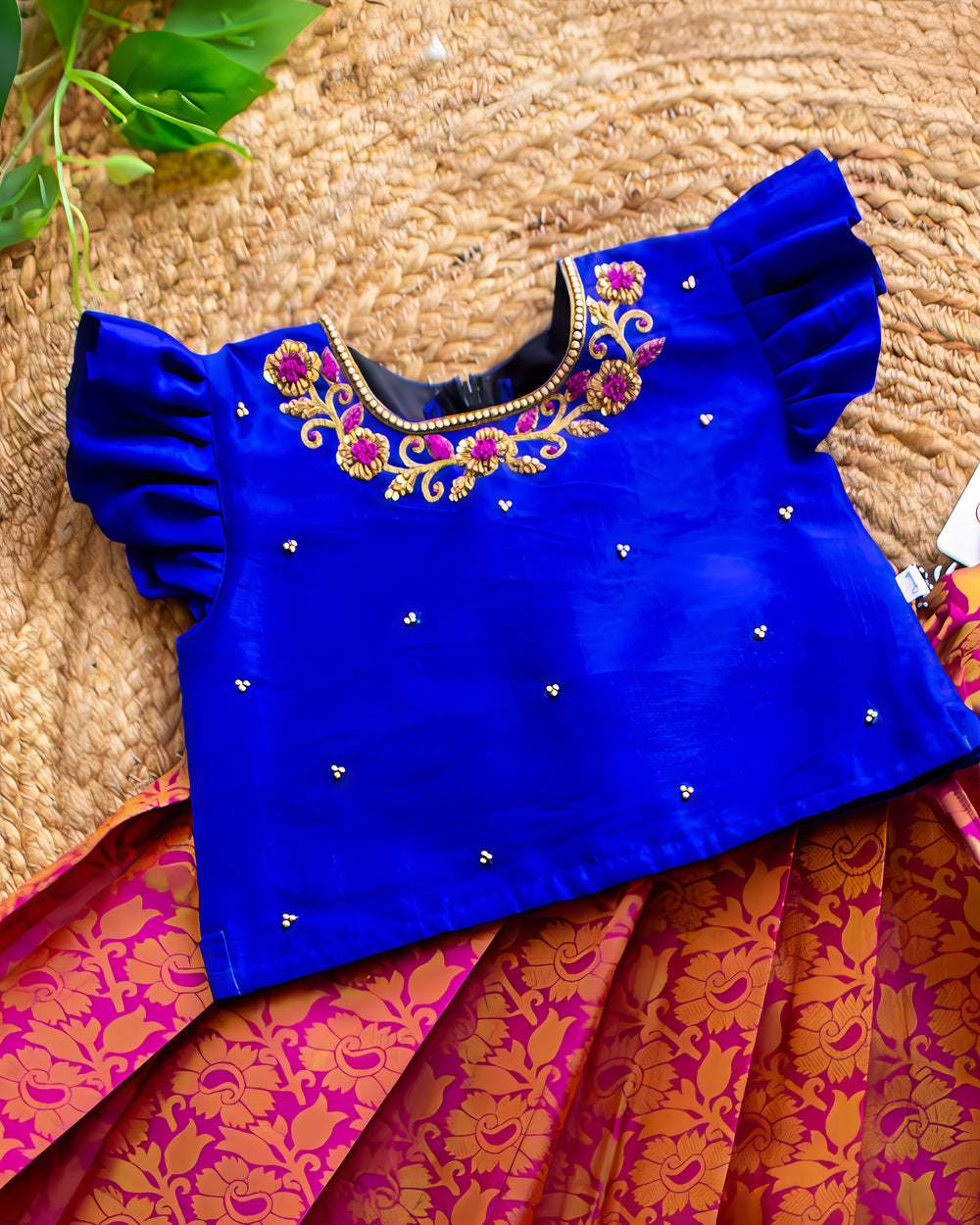 Dark magenta and royal blue jacquard silk lehenga choli birthday dress for baby girls, premium handwork traditional festive outfit
