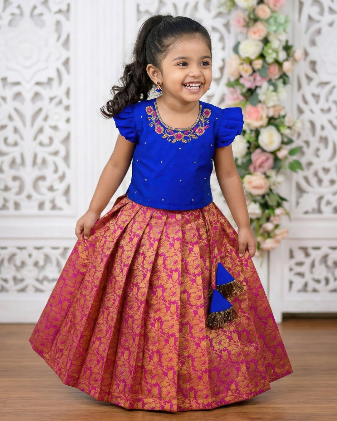 Dark magenta and royal blue jacquard silk lehenga choli birthday dress for baby girls, premium handwork traditional festive outfit