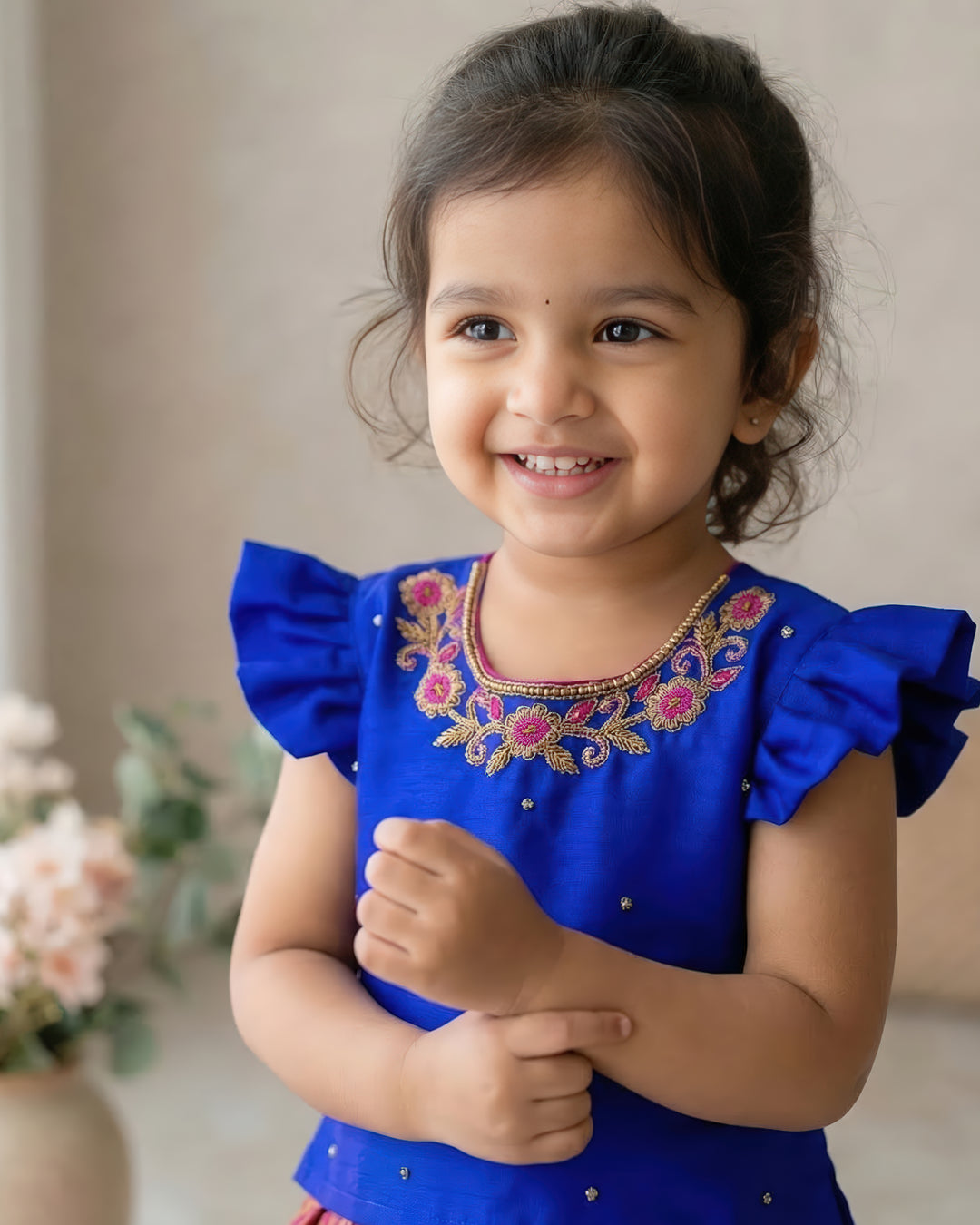 Dark magenta royal blue silk lehenga choli front view – Stanwells Kids