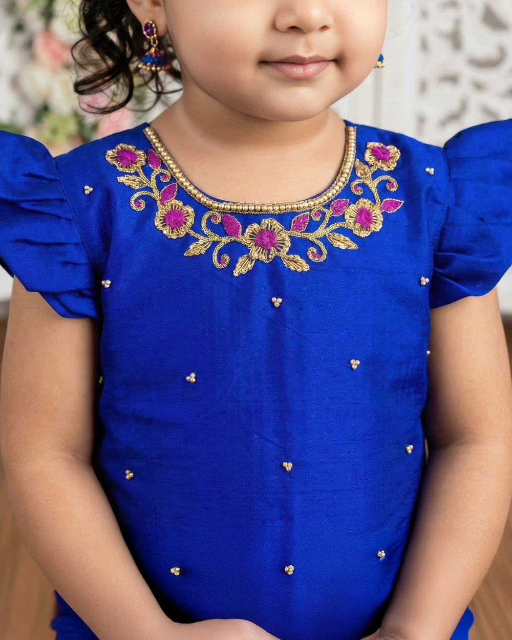 Dark magenta and royal blue jacquard silk lehenga choli birthday dress for baby girls, premium handwork traditional festive outfit