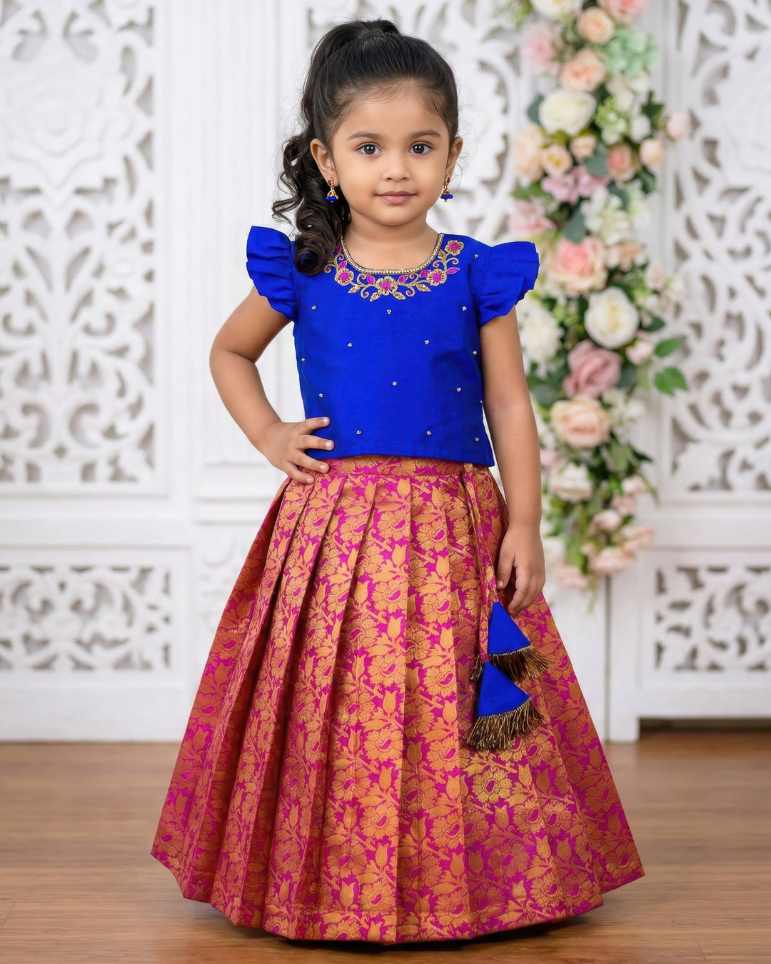 Dark magenta and royal blue jacquard silk lehenga choli birthday dress for baby girls, premium handwork traditional festive outfit