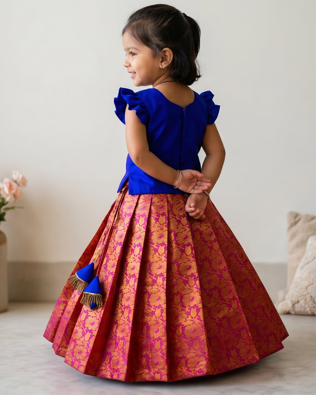 Dark magenta royal blue silk lehenga choli back view – Stanwells Kids