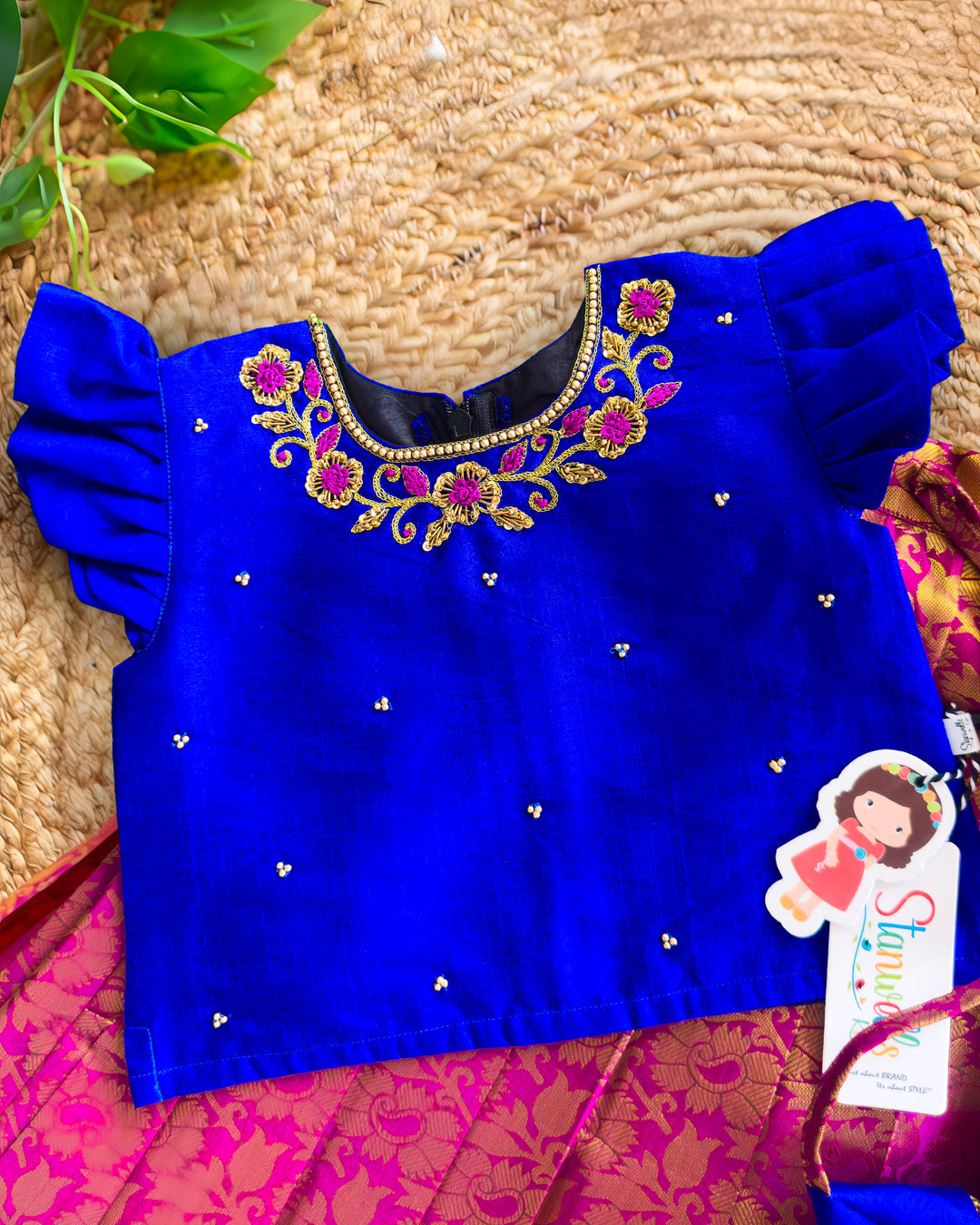 Dark magenta royal blue silk lehenga choli pleated skirt detail – Stanwells Kids