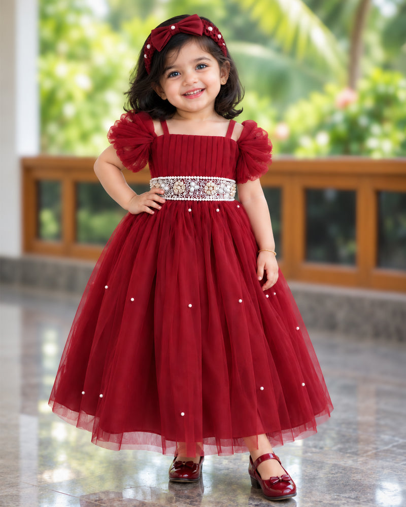 Dark Maroon Burgundy Shade Pearl Handwork Full Birthday Gown for Baby Girl – Stanwells Kids
