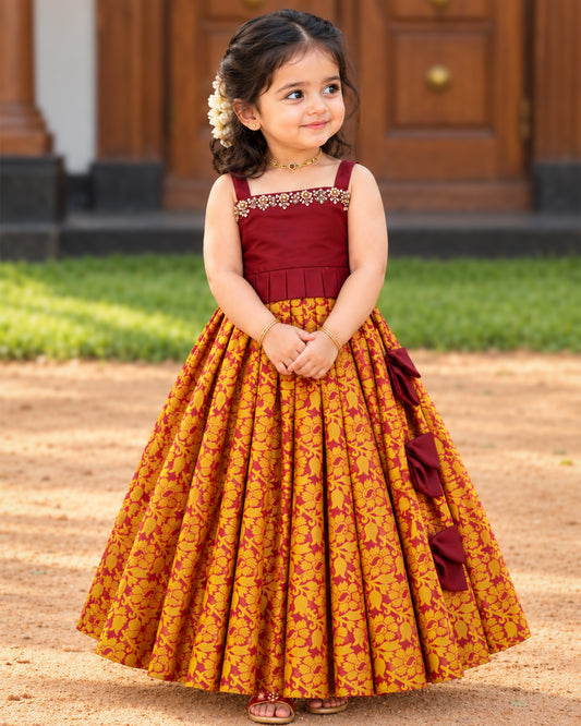 Dark Maroon Banarasi Silk Pattu Lehenga – Front View – Stanwells Kids