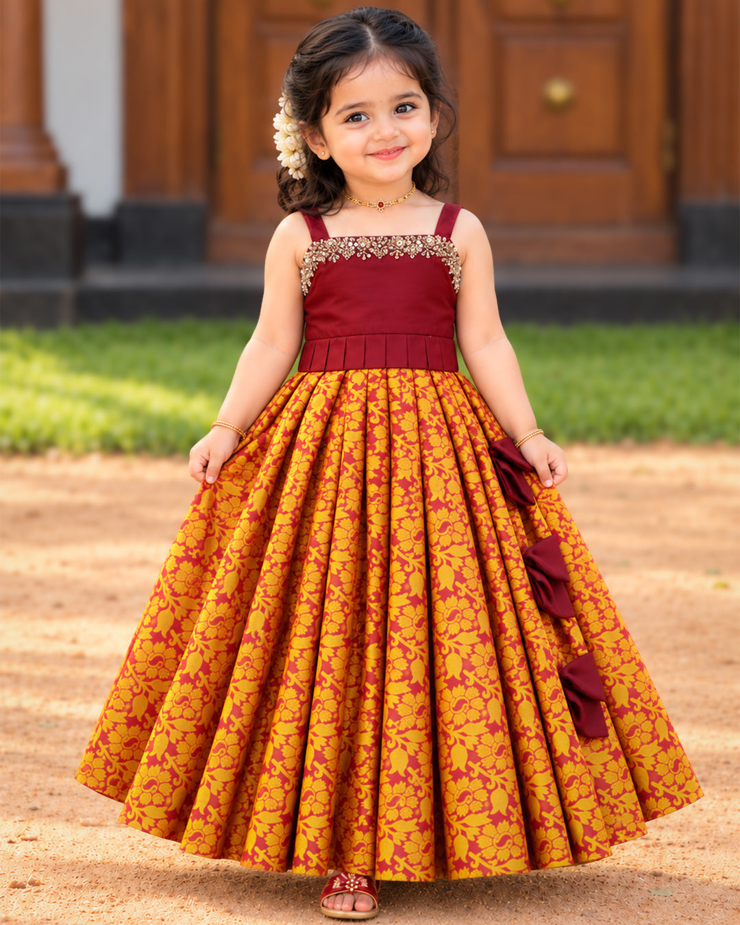 Banarasi Woven Silk Pleated Lehenga Skirt – Dark Maroon – Stanwells Kids