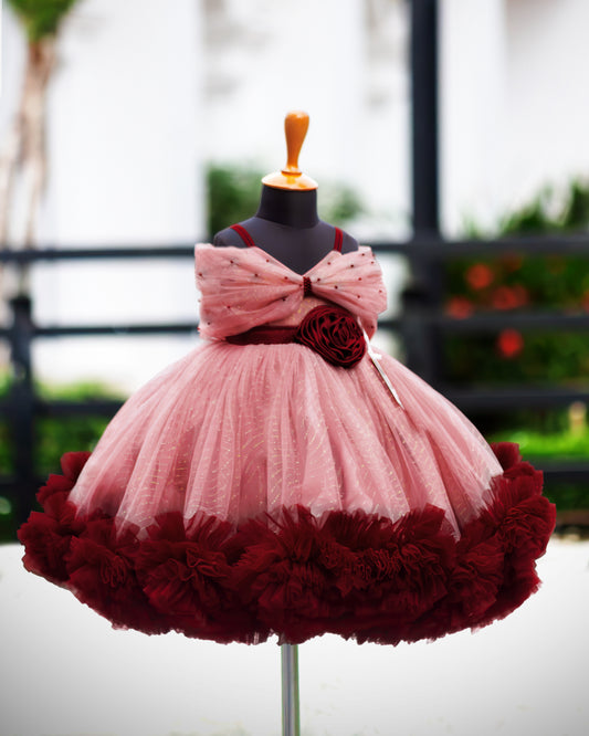 Dust pink and burgundy heavy ruffles full frock gown for baby girl, front view-Stanwells kids