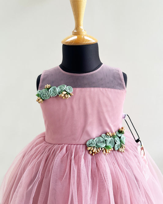 Dust pink handmade flower frock front view – Stanwells Kids