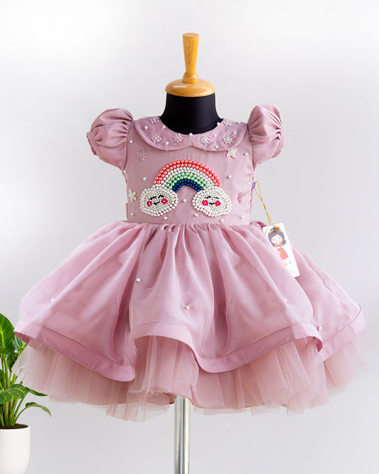 Dust Pink Cloud Theme Frock Step Design Skirt Baby Girl – Stanwells Kids