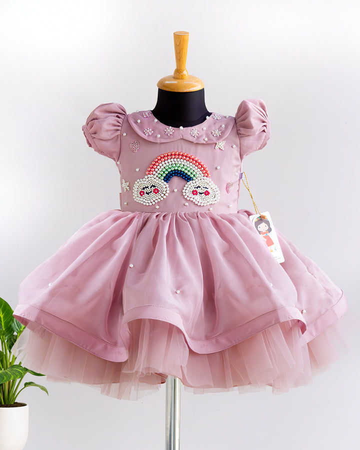 Dust Pink Cloud Theme Frock Step Design Skirt Baby Girl – Stanwells Kids
