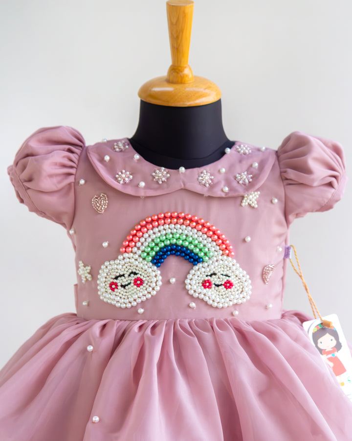 Dust Pink Organza Frock Rainbow Yoke Embellishments Toddler – Stanwells Kids
