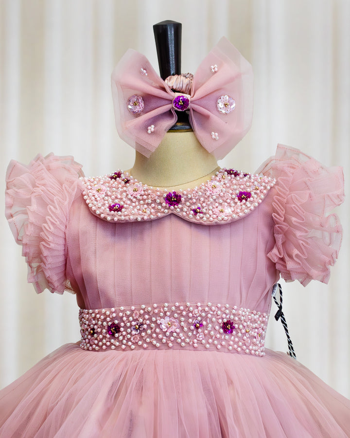 Dust pink peter pan collar frock handmade belt detail – Stanwells Kids