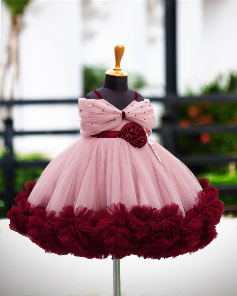Dust Pink & Burgundy Heavy Ruffle Birthday Gown for Baby Girl – Stanwells Kids