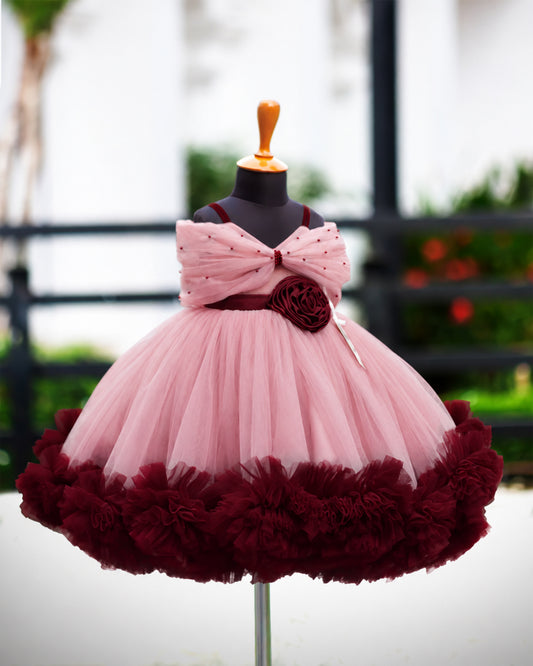 Dust Pink & Burgundy Heavy Ruffle Birthday Gown for Baby Girl – Stanwells Kids