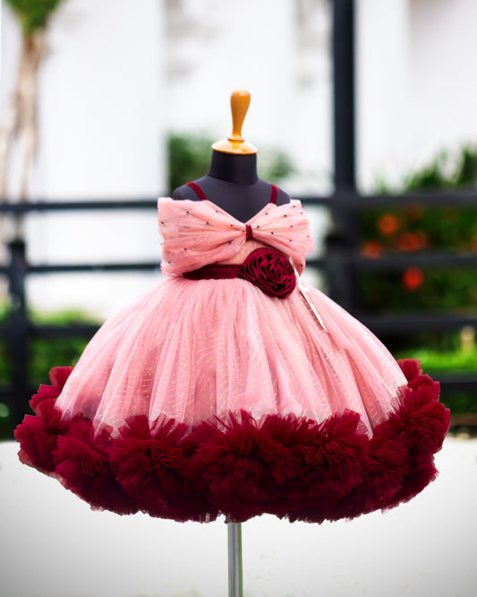 Dust pink and burgundy heavy ruffles full frock birthday gown for baby girl – front view, Stanwells Kids