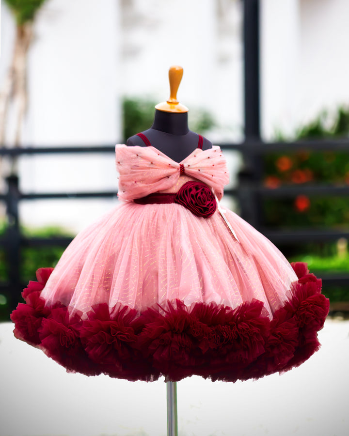 Dust pink and burgundy heavy ruffles full frock birthday gown for baby girl – front view, Stanwells Kids