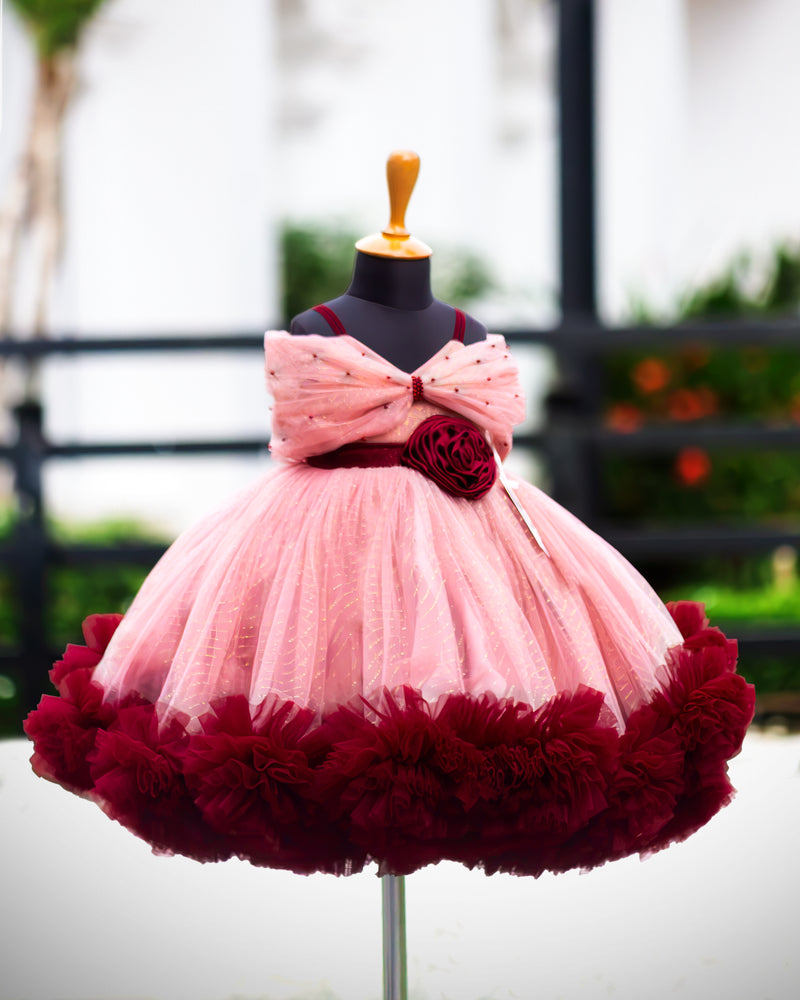 Dust Pink & Burgundy Shade Heavy Ruffles Full Frock Birthday Gown for Baby Girl – Stanwells Kids
