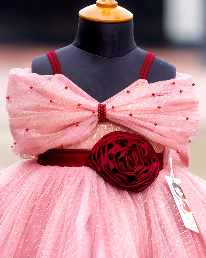 Dual shade dust pink burgundy yoke on heavy ruffles birthday gown – Stanwells Kids