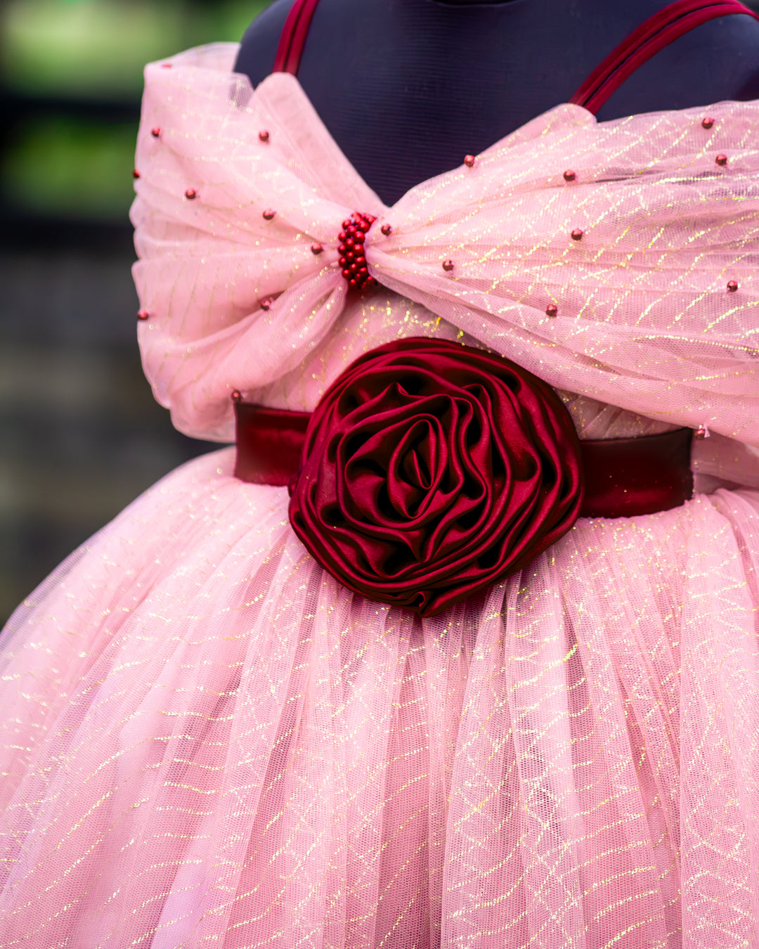 Voluminous layered ruffle skirt on dust pink burgundy full frock gown – Stanwells Kids