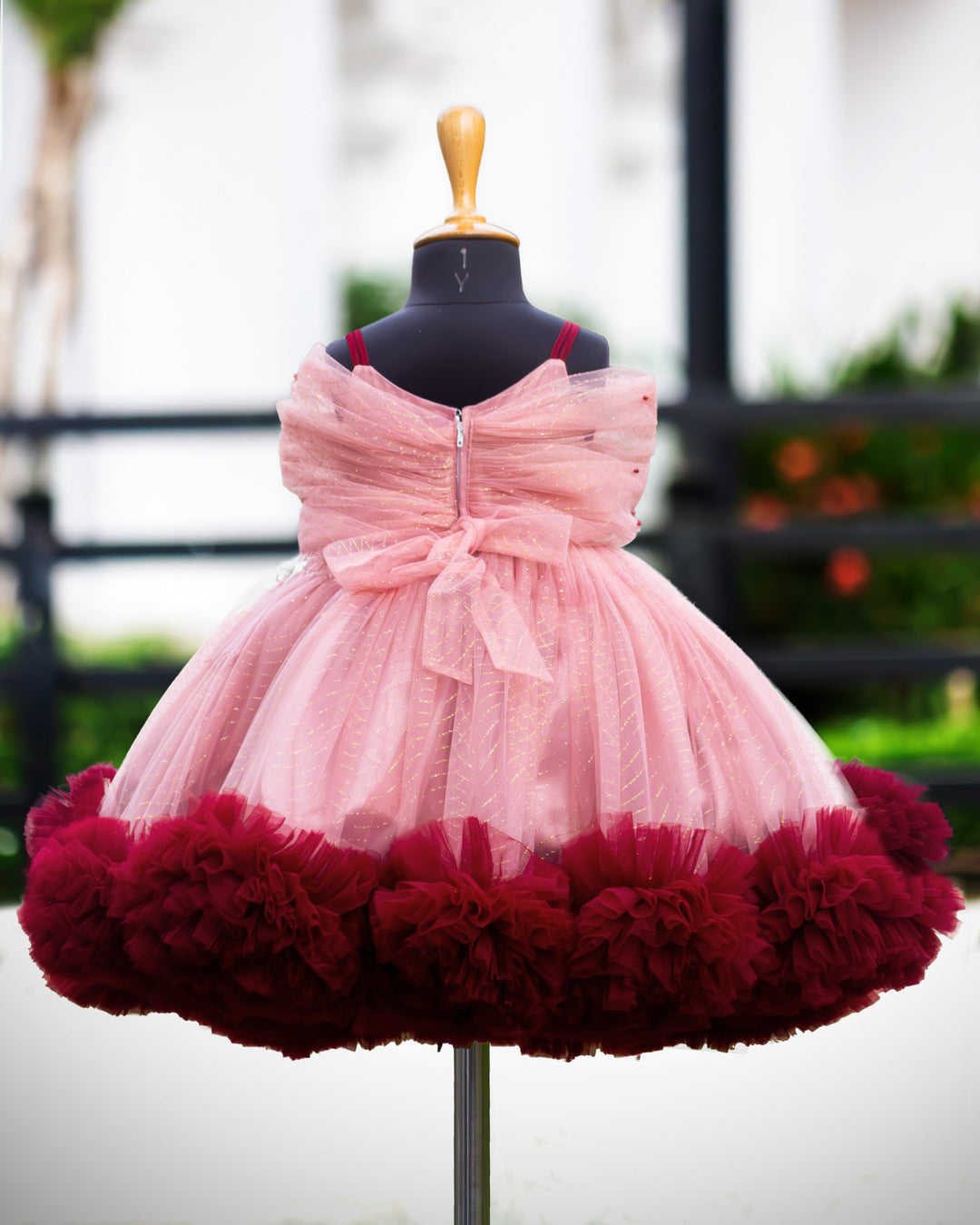 Dust pink burgundy heavy ruffles birthday gown full look for baby girl – Stanwells Kids