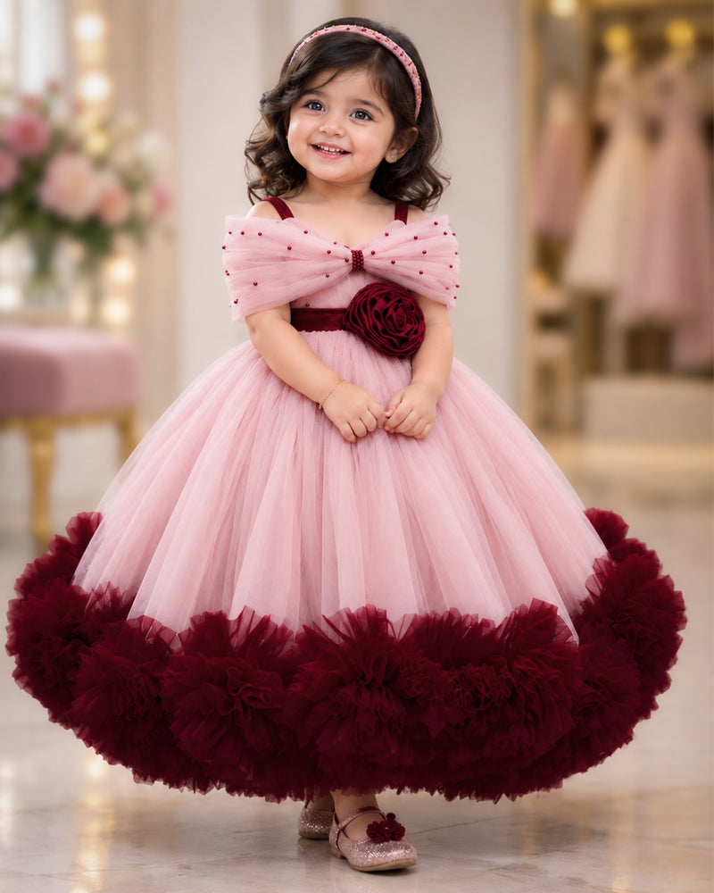 Dust Pink & Burgundy Heavy Ruffle Birthday Gown for Baby Girl – Stanwells Kids