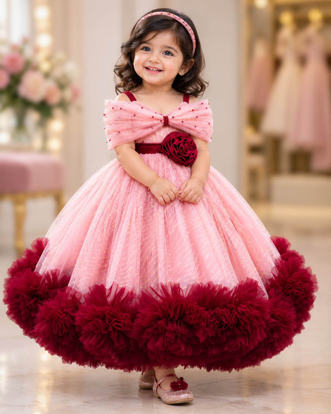 Dust pink and burgundy heavy ruffles full frock birthday gown for baby girl – front view, Stanwells Kids