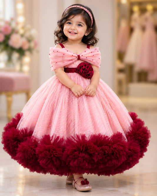 Dust pink and burgundy heavy ruffles full frock birthday gown for baby girl – front view, Stanwells Kids