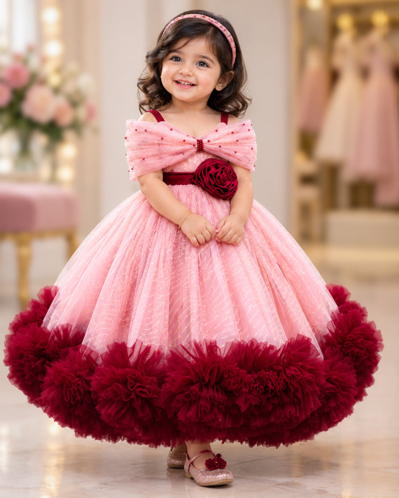 Dust Pink & Burgundy Shade Heavy Ruffles Full Frock Birthday Gown for Baby Girl – Stanwells Kids