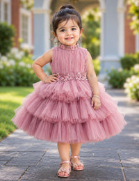 Dust Pink Halter Neck Hand Embroidery Three Step Birthday Frock for Baby Girl – Stanwells Kids