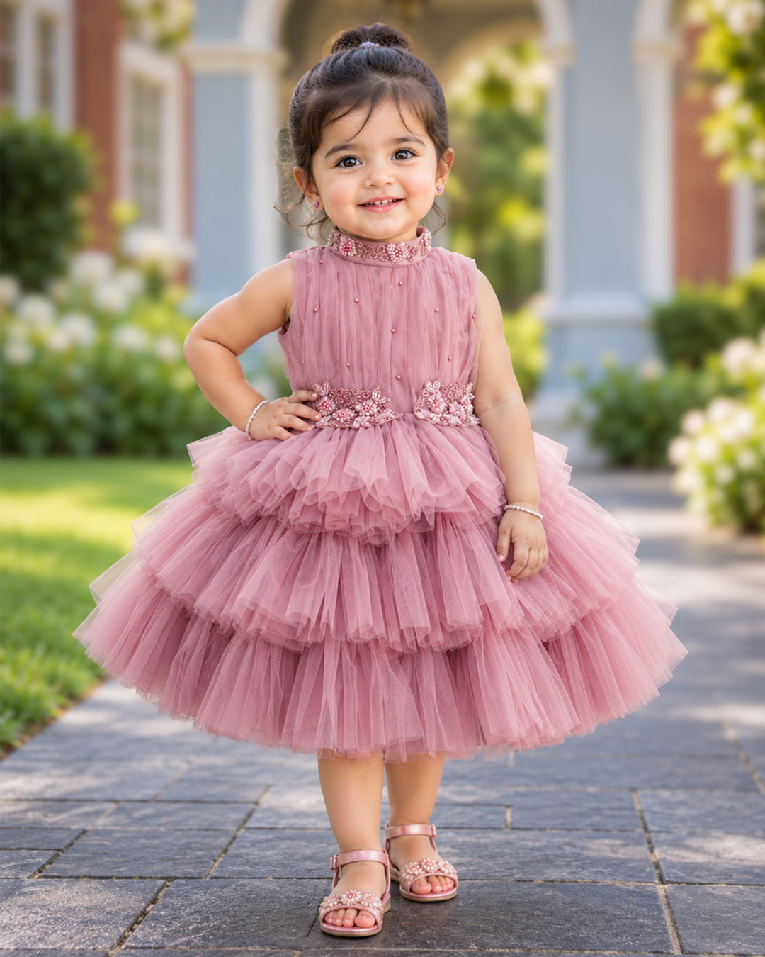 Dust pink halter neck hand embroidery three step birthday frock for baby girl – Stanwells Kids