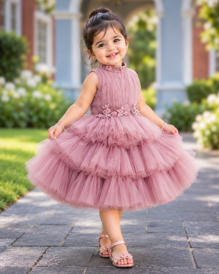 Dust pink halter neck hand embroidery three step birthday frock for baby girl – Stanwells Kids