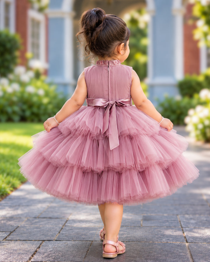 Dust pink halter neck hand embroidery frock full view – Stanwells Kids
