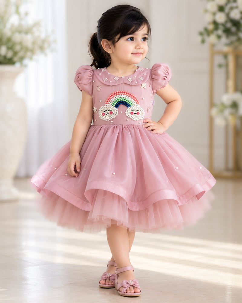 Dust Pink Organza Cloud Theme Rainbow Handwork Frock for Baby Girl – Stanwells Kids