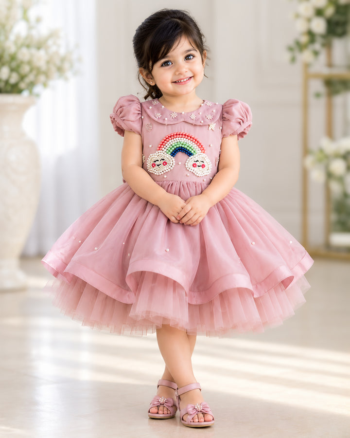 Baby Girl Dust Pink Rainbow Handwork Frock Birthday Party Wear – Stanwells Kids