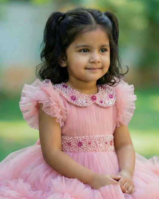 Dust pink peter pan collar birthday frock front view – Stanwells Kids