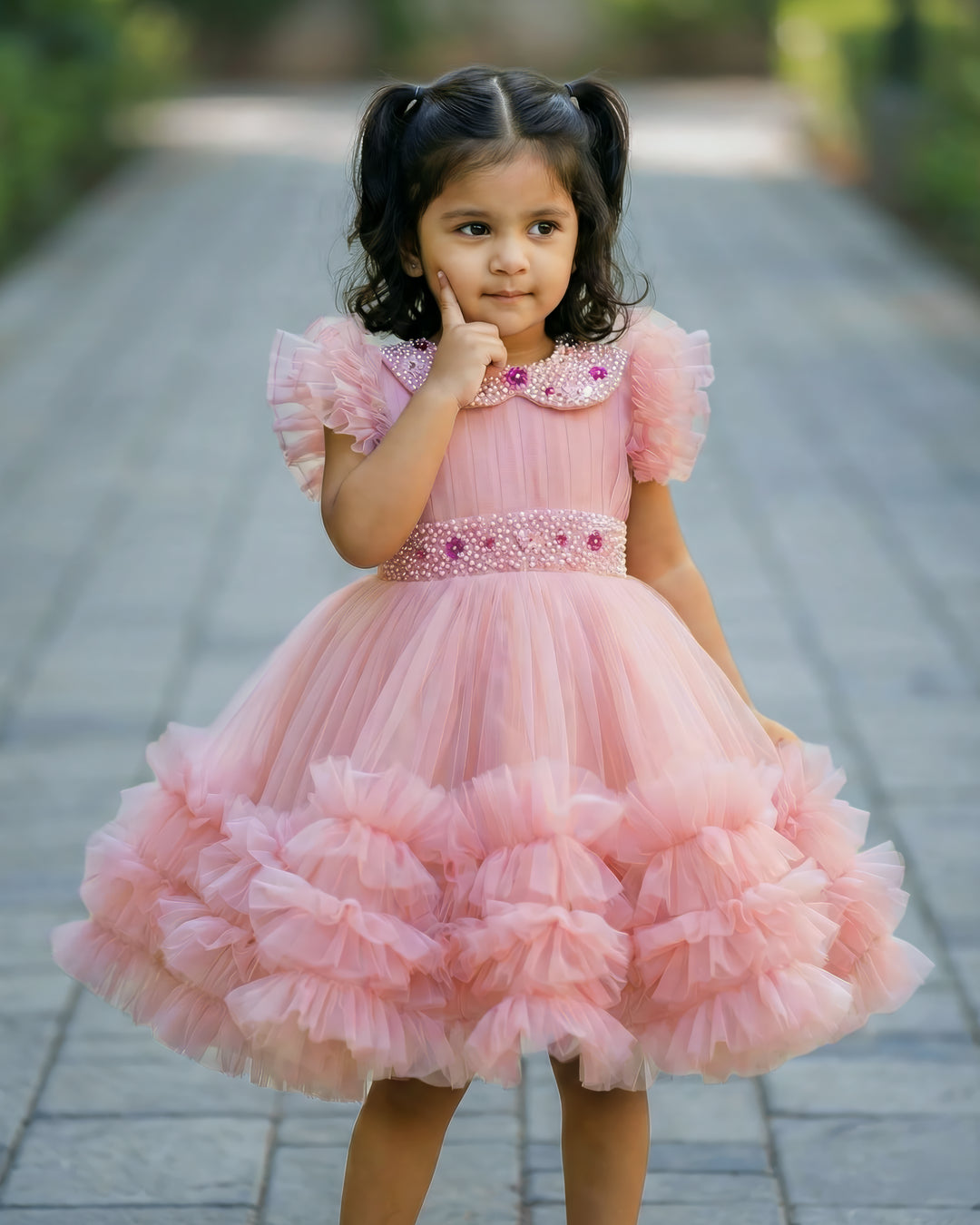 Baby girls dust pink handwork pleated peter collar partywear frock, premium birthday dress with soft lining