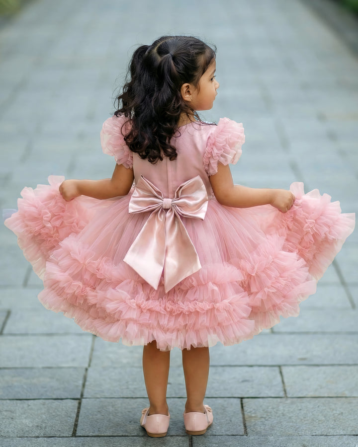 Dust pink peter pan collar frock back view – Stanwells Kids