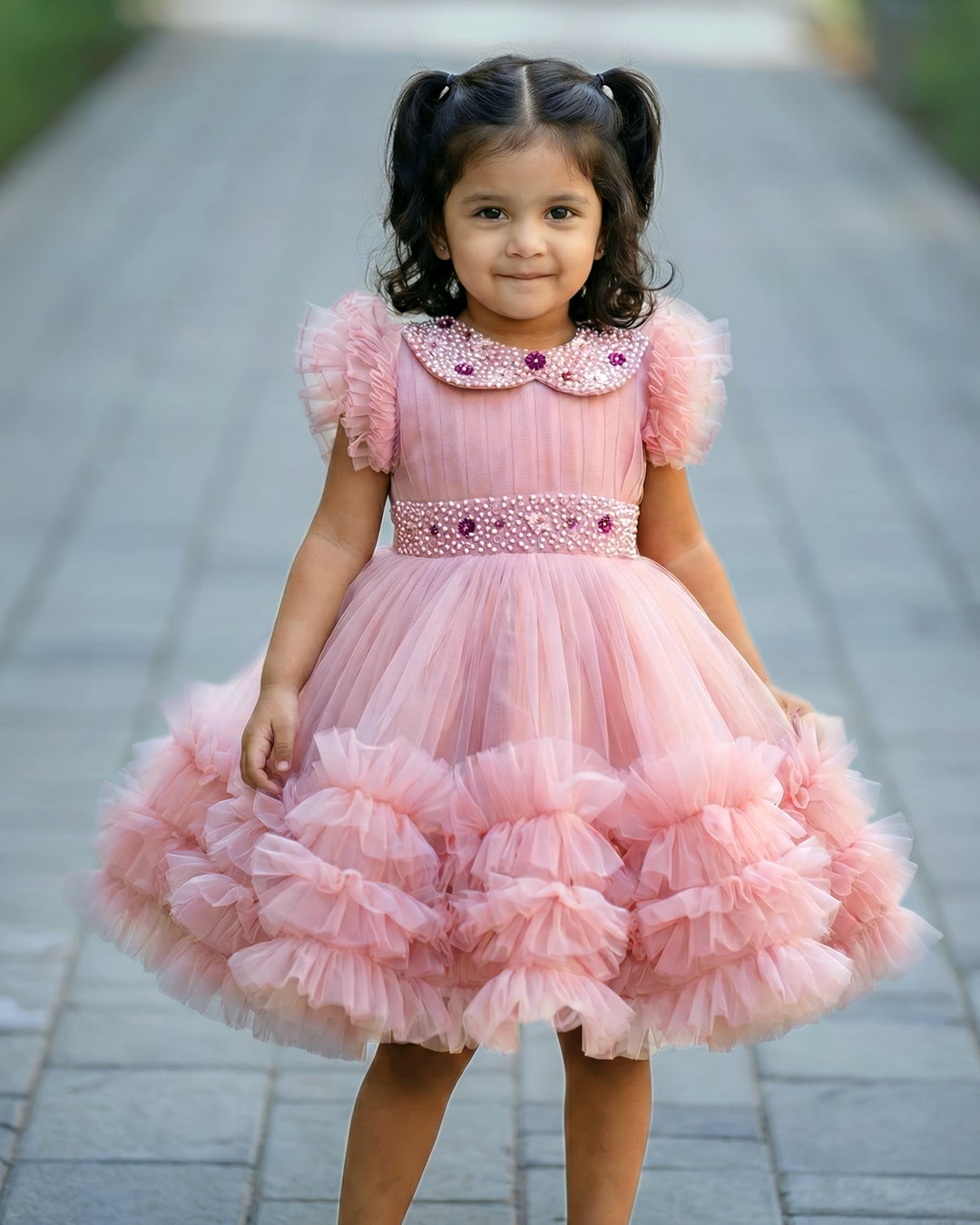 Dust pink peter pan collar frock side view – Stanwells Kids