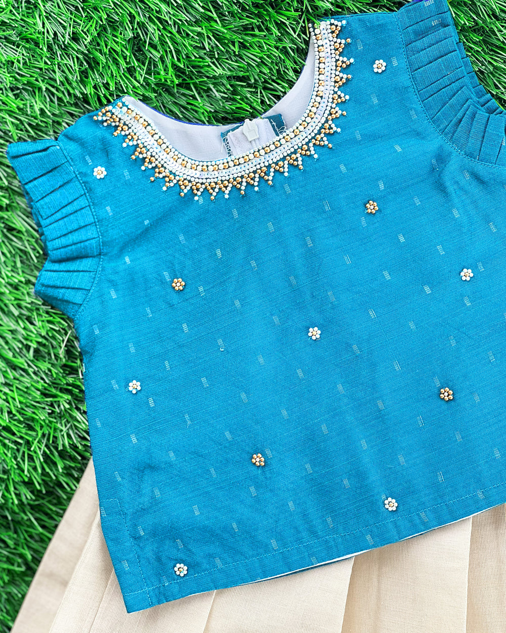 Baby girl birthday dress sky blue silk with copper gold detailing