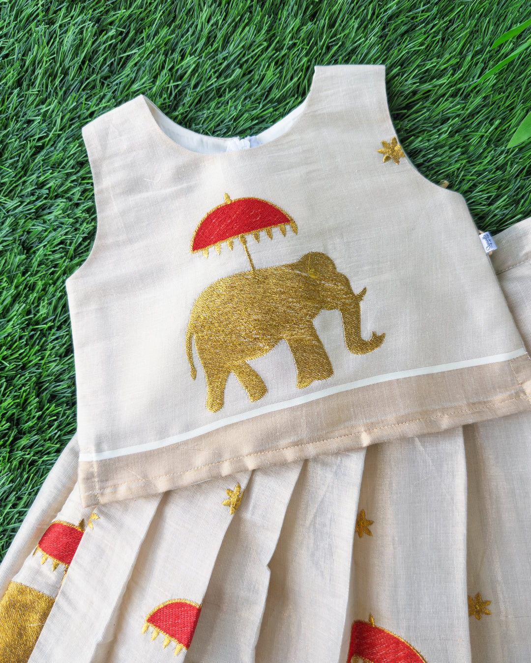 Golden elephant embroidery Kasavu lehenga choli for baby girl Onam celebration, Stanwells Kids