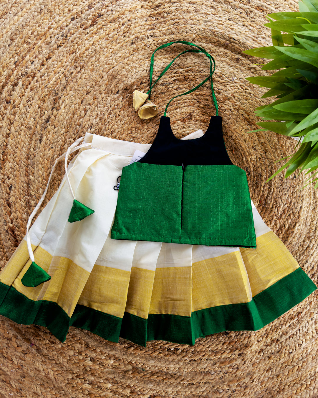 Cream Green Traditional Kerala Kasavu Onam Special Lehenga Choli