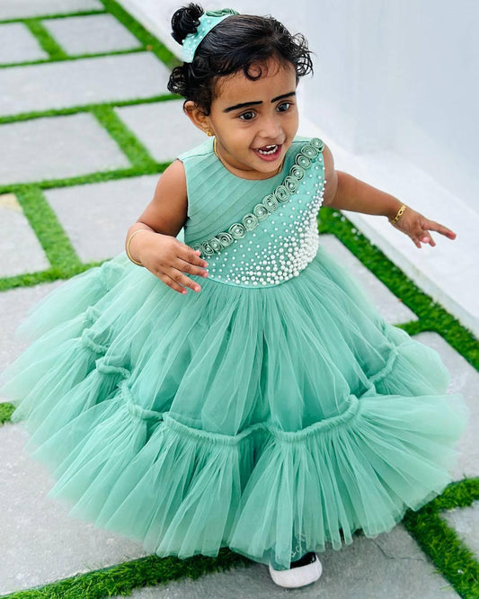 Pastel Green Pleated Ruffled Flower Frock for Baby Girl – Party Wear