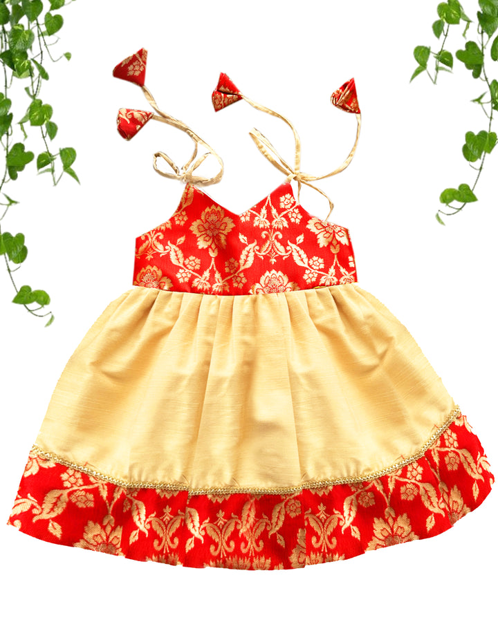 Gold and Red Shade New Born Baby Silk Frock for Naming Ceremony
