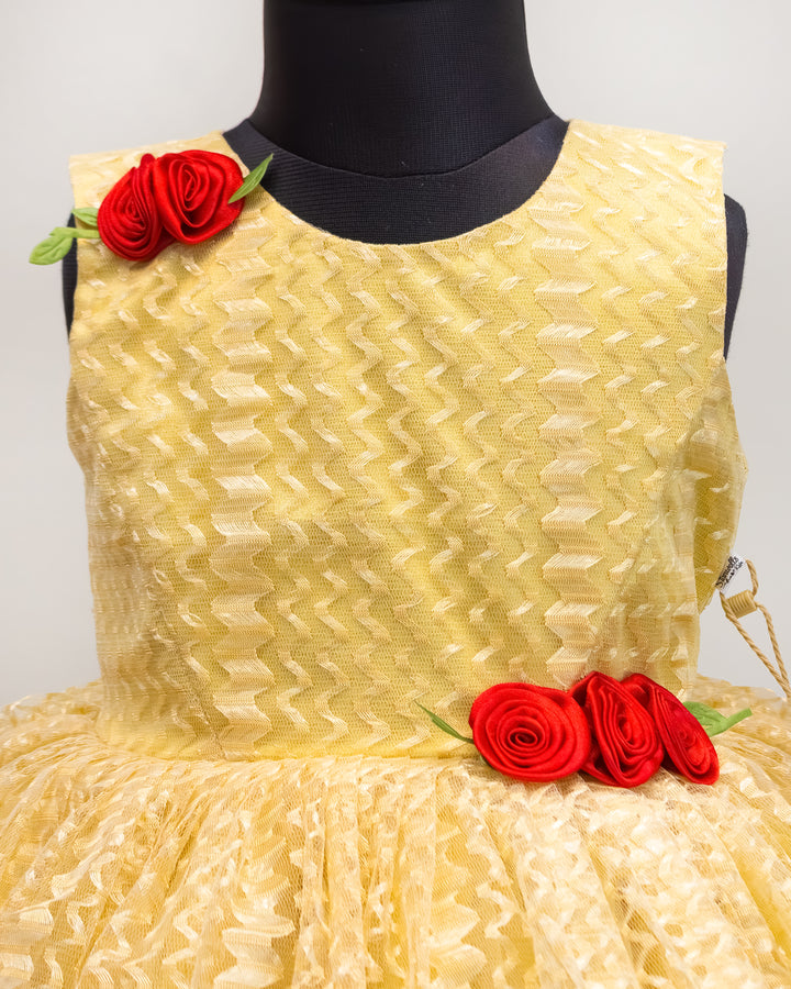 golden designer flower frock for baby girls, kids birthday dress, baby girl partywear dress, golden kids frock online, premium festive dress for toddlers