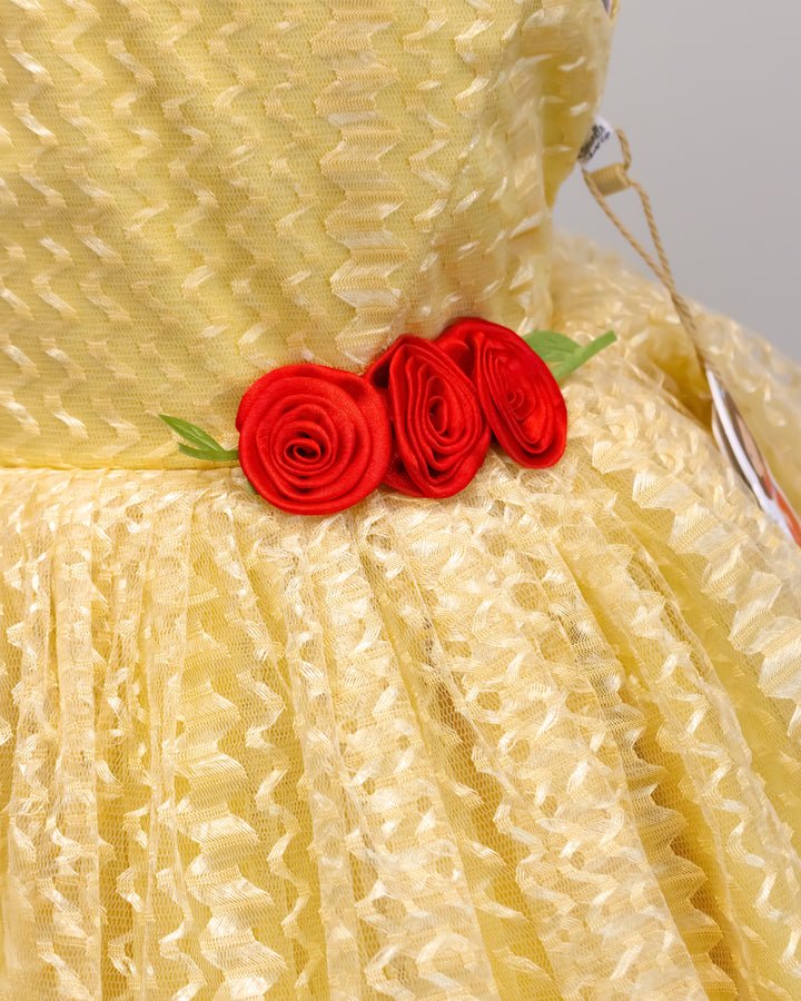 golden designer flower frock for baby girls, kids birthday dress, baby girl partywear dress, golden kids frock online, premium festive dress for toddlers