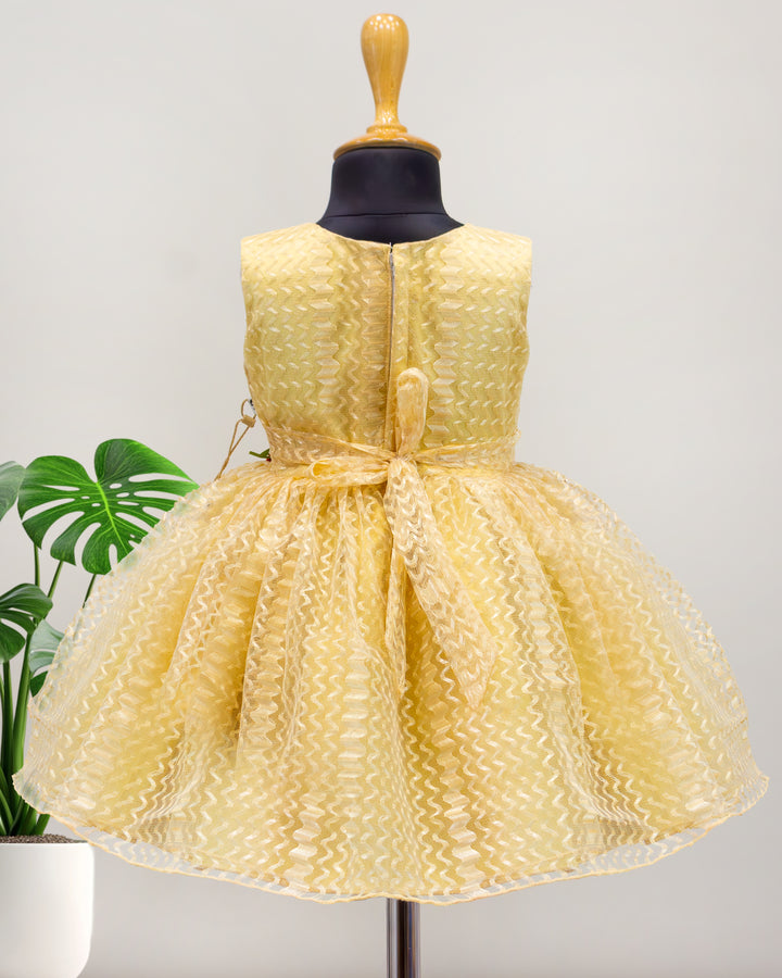 golden designer flower frock for baby girls, kids birthday dress, baby girl partywear dress, golden kids frock online, premium festive dress for toddlers