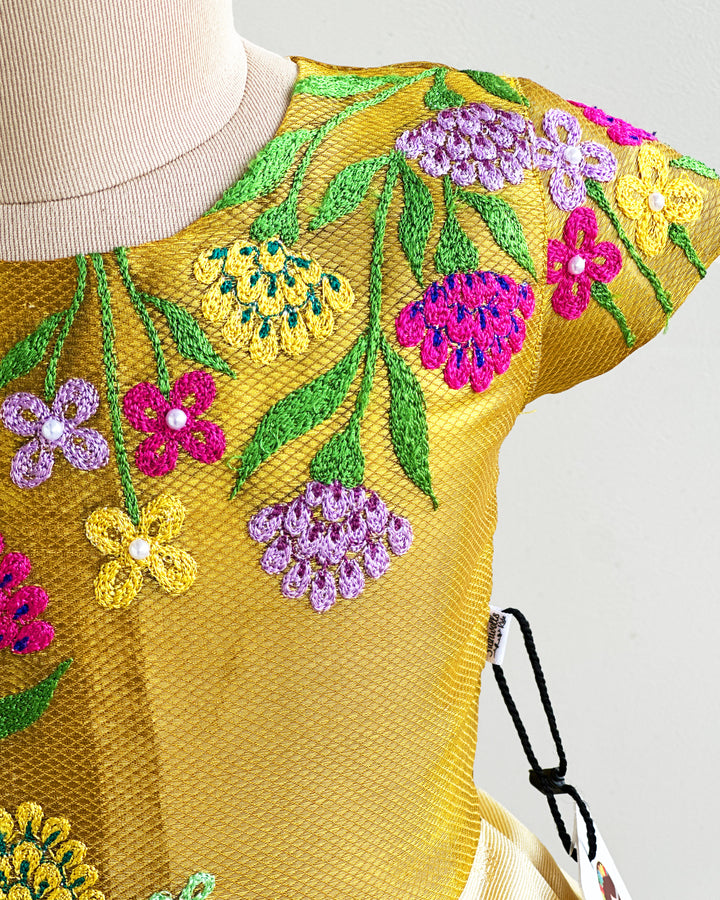Golden silk birthday dress for baby girls with floral embroidery – Onam special frock

