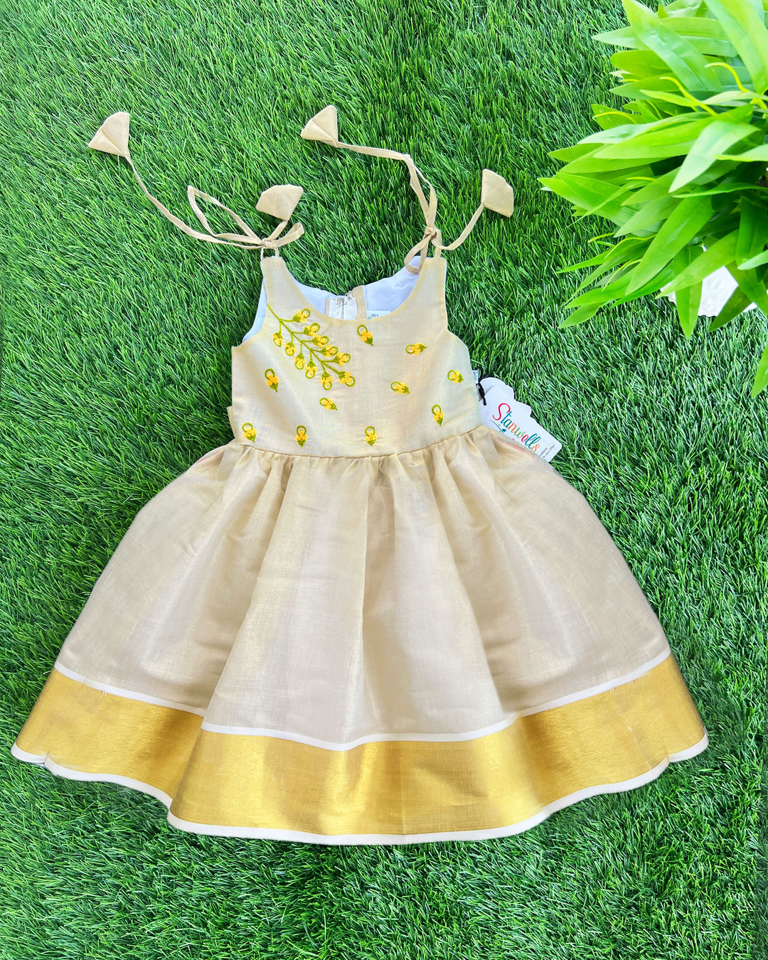 Golden Kerala handloom frock for baby girls birthday dress with floral embroidery