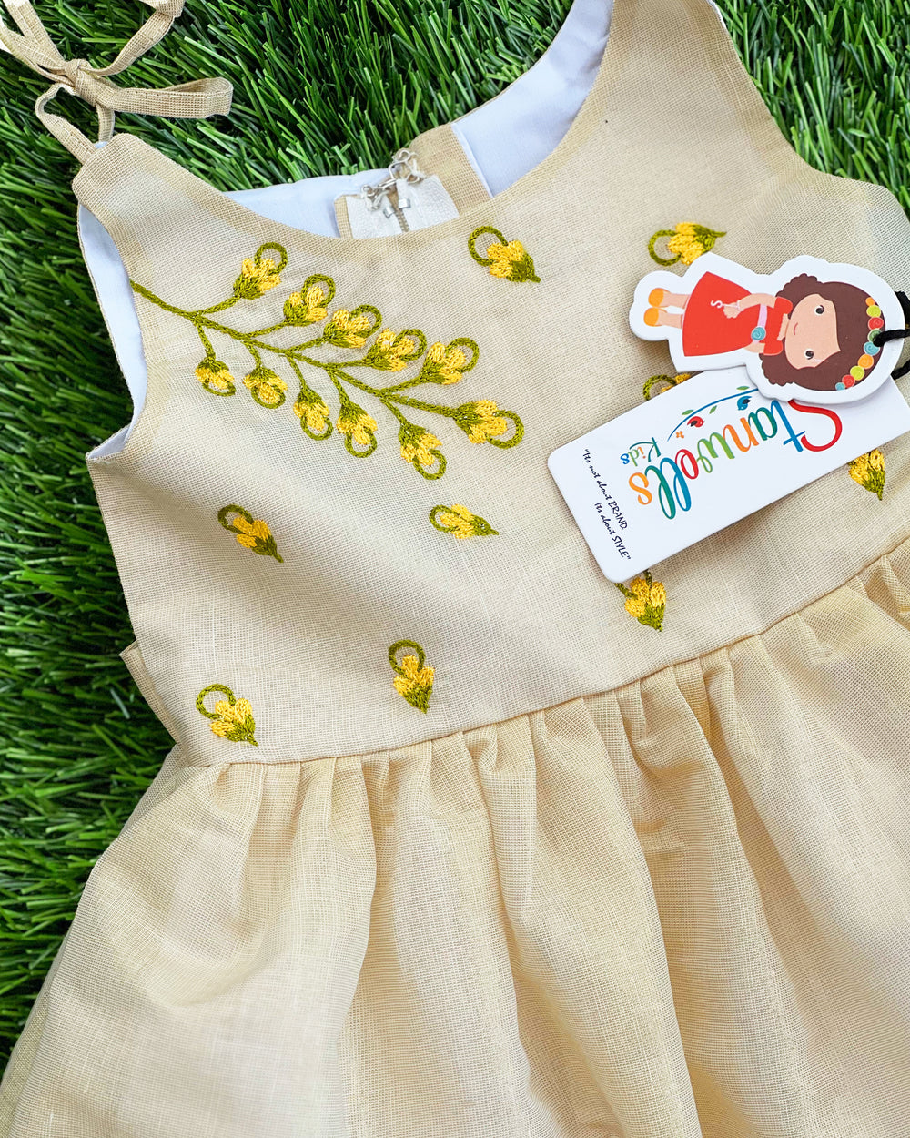 Golden Kerala handloom frock for baby girls birthday dress with floral embroidery