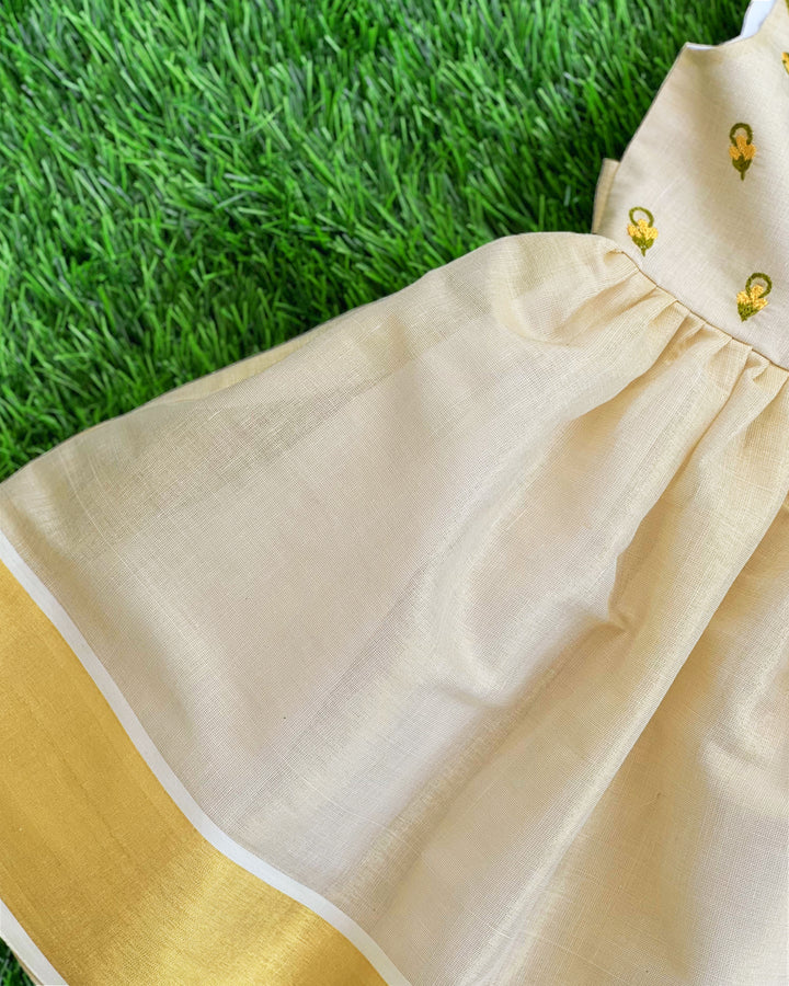 Golden Kerala handloom frock for baby girls birthday dress with floral embroidery